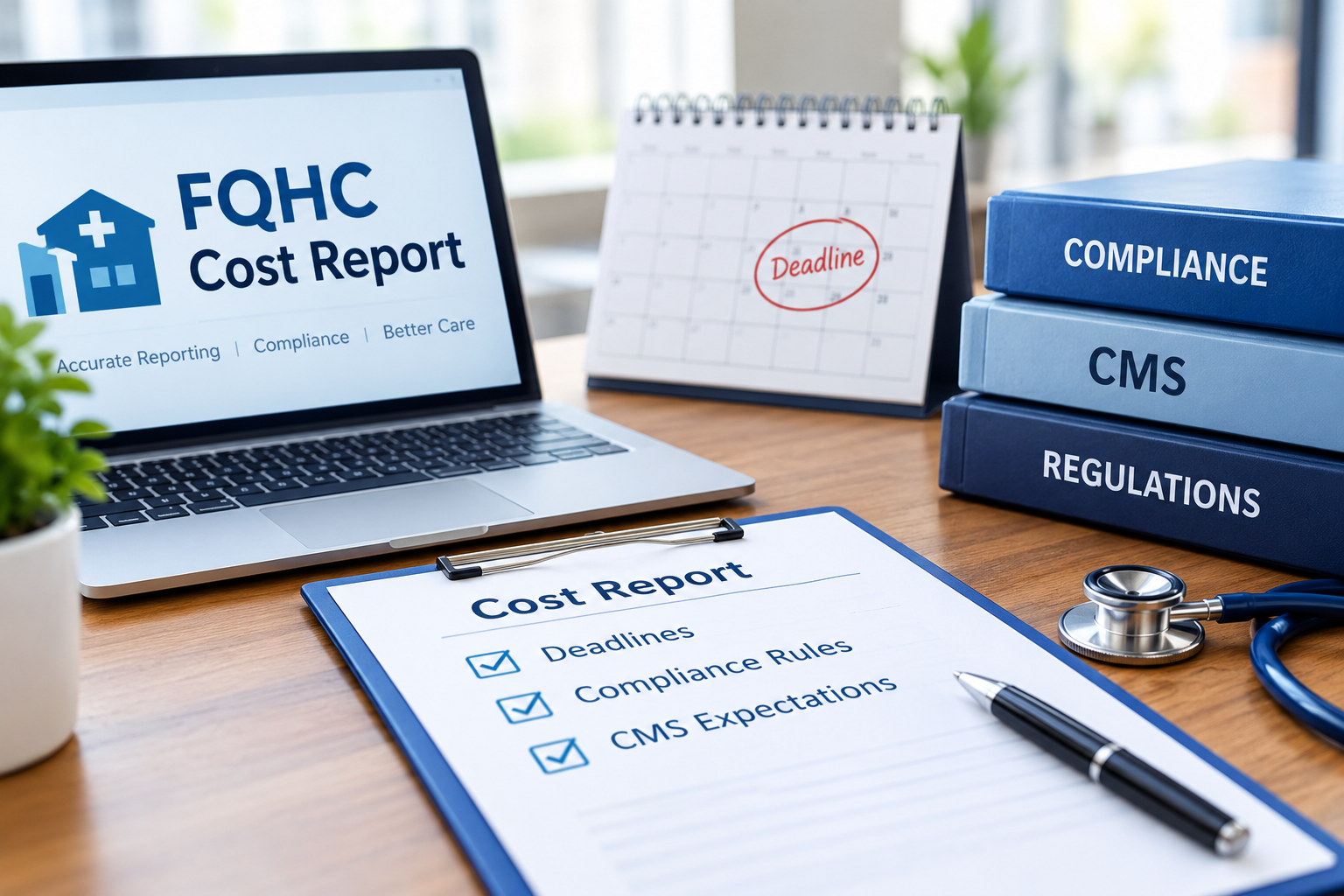FQHC cost report checklist, CMS compliance binders, and deadline calendar on an office desk.